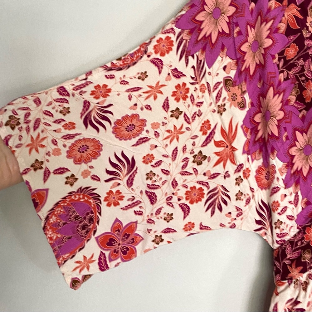 ANTHROPOLOGIE AAKAA Floral V-Neck Kimono Babydoll Mini Dress Pink Red Boho, M - Picture 5 of 17